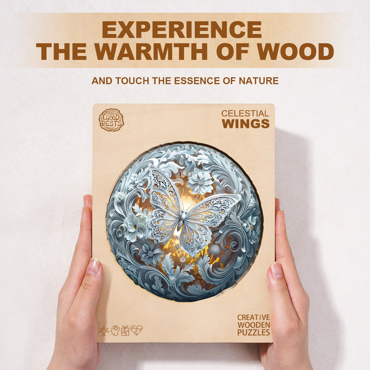 Celestial Wings wooden jigsaw puzzle showcasing a detailed butterfly design, emphasizing warmth and nature's essence.