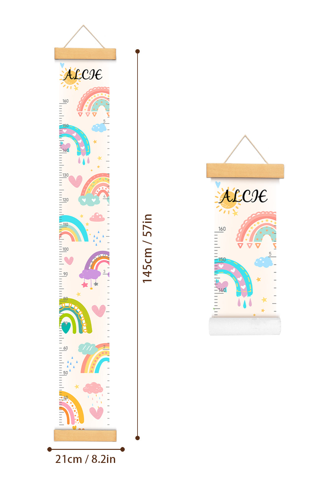 Règle de hauteur personnalisée en toile suspendue avec soleil et arc-en-ciel