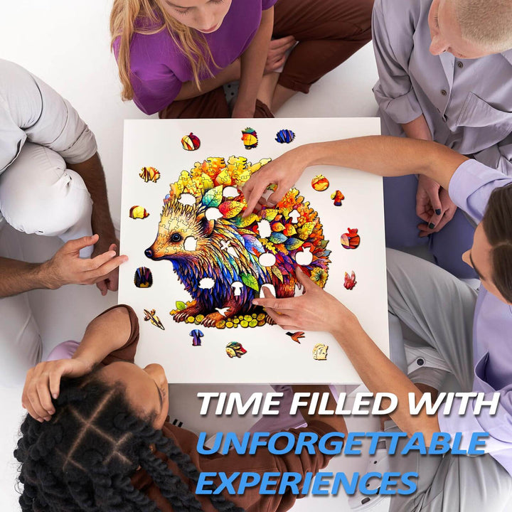 Group of people assembling a colorful Clever Hedgehog wooden jigsaw puzzle for engaging mind games.