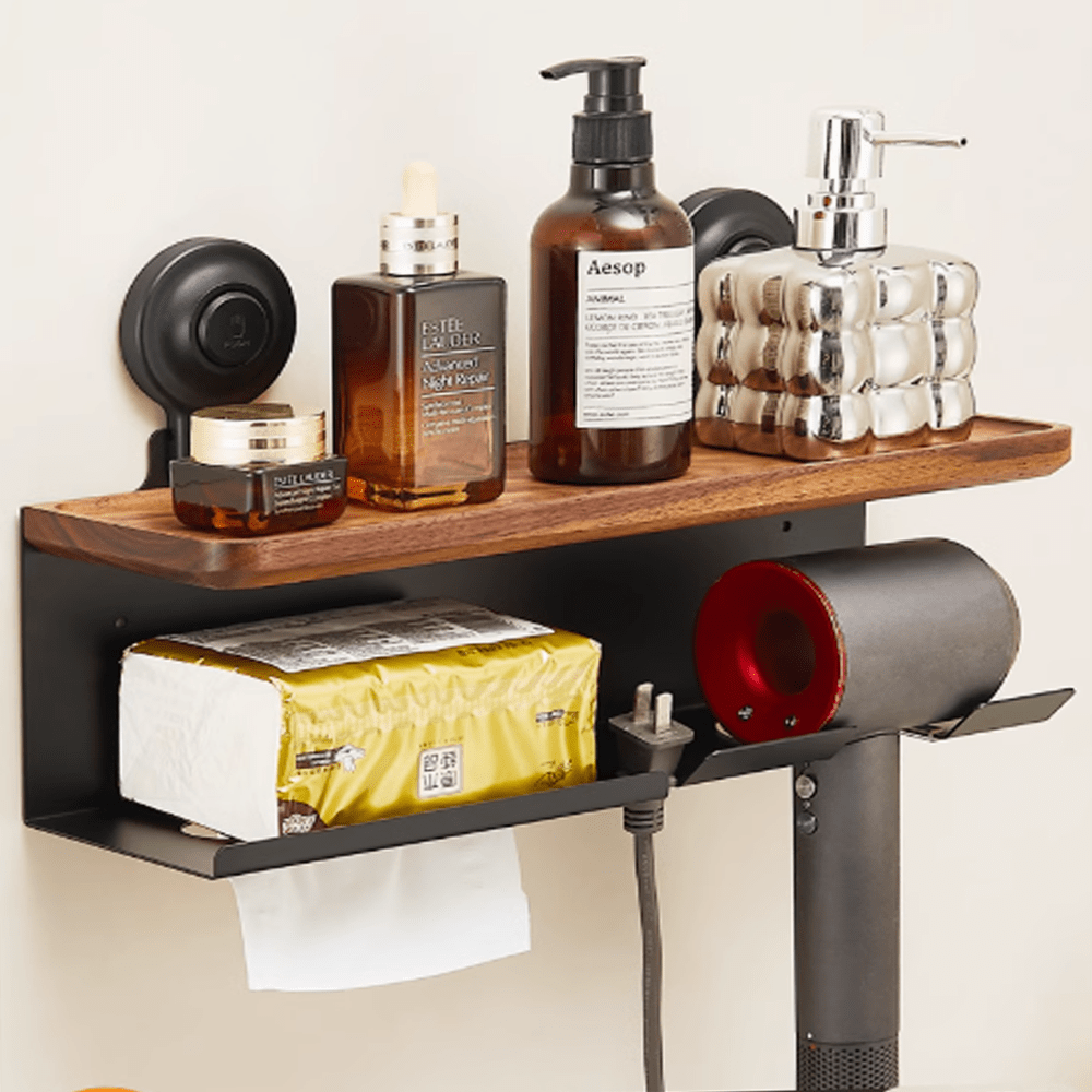 Suction cup hair dryer stand with natural walnut shelf and beauty products, showcasing a no-drill design and elegant storage.