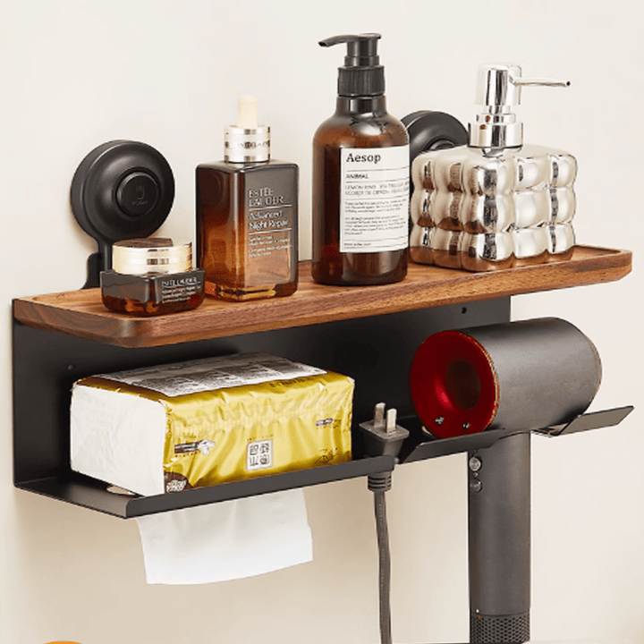 Suction cup hair dryer stand with natural walnut shelf and beauty products, showcasing a no-drill design and elegant storage.