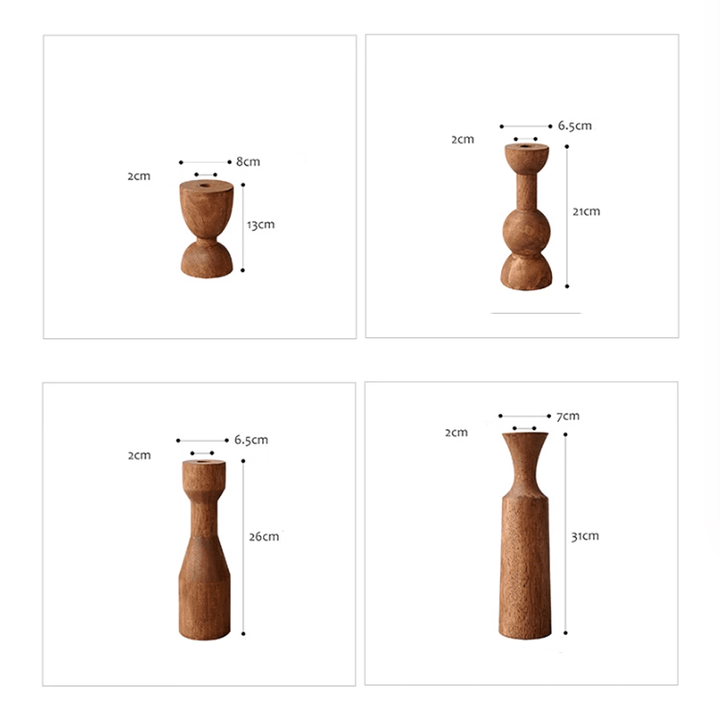 Four styles of American retro wooden candle holders with dimensions, showcasing warm tones and elegant designs.