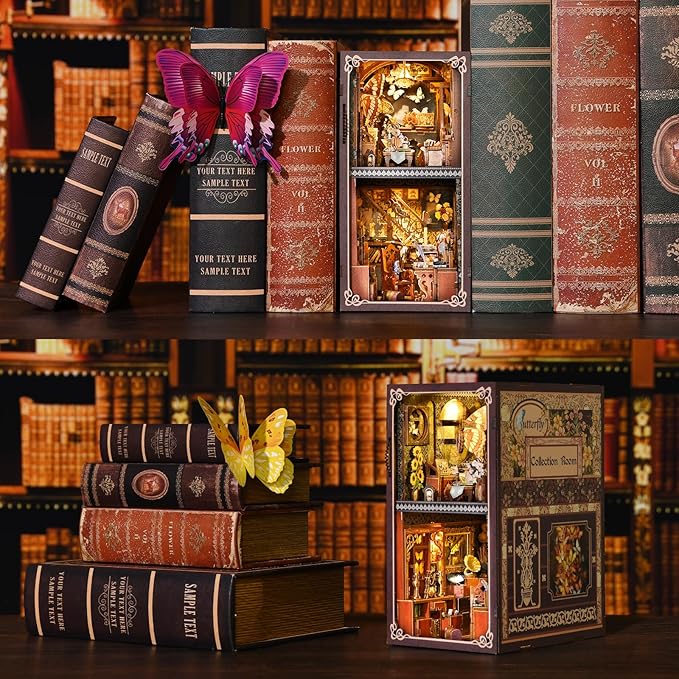 DIY Book Nook Kit showcasing a Butterfly Collection Room with colorful butterflies and vintage books.