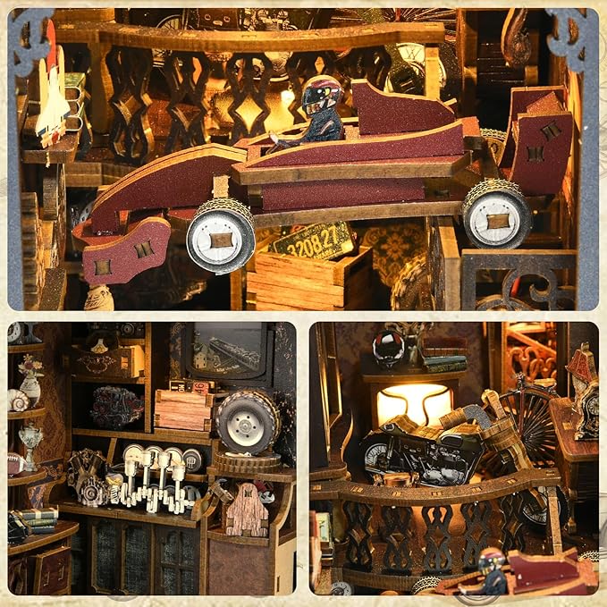 3D wooden puzzle of a racing car with intricate details, showcasing a DIY Car Player book nook kit.