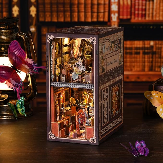 DIY Book Nook Kit featuring a Butterfly Collection Room with detailed decor and vibrant butterflies.