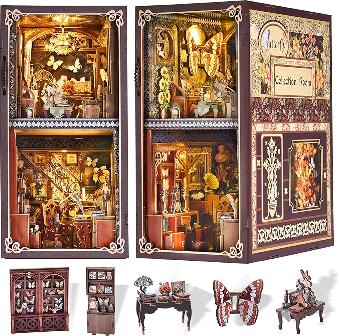 DIY Book Nook Kit showcasing Butterfly Collection Room with detailed 3D wooden puzzle design and various butterflies.
