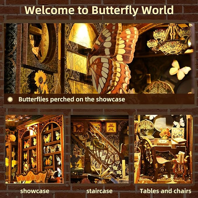 Colorful butterflies on the showcase in a whimsical Butterfly World with intricate wooden decor.
