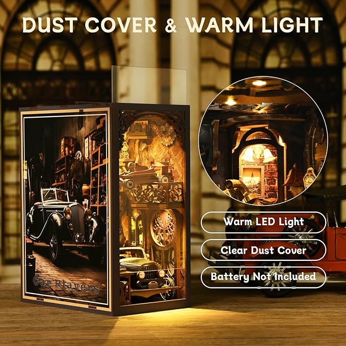 3D wooden puzzle car player book nook with clear dust cover and warm LED light, showcasing vintage car decor.