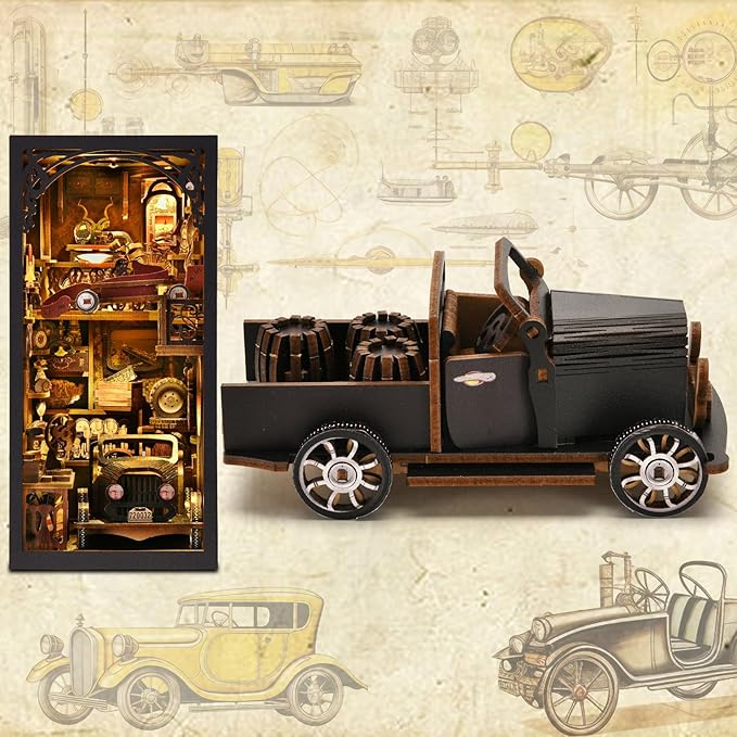 DIY Book Nook Kit featuring a vintage car and intricate wooden puzzle design, showcasing car enthusiast elements.
