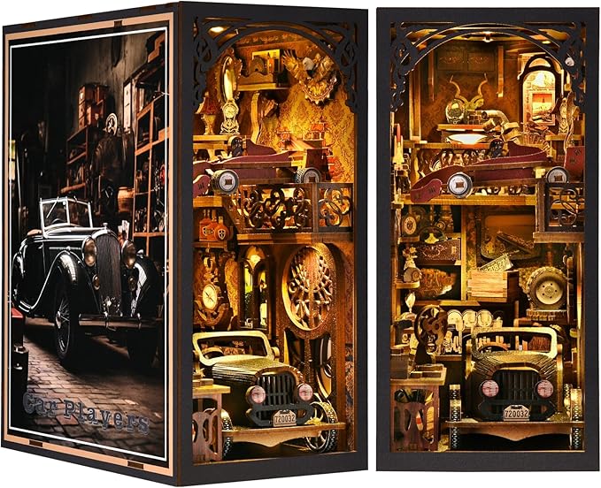 3D wooden puzzle DIY Book Nook Kit featuring vintage cars and intricate details for car enthusiasts.