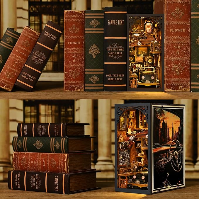 DIY Book Nook Kit featuring car-themed designs with intricate details among vintage books, perfect for car enthusiasts.
