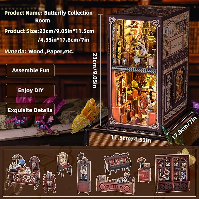 DIY Book Nook Kit featuring Butterfly Collection Room in 3D wooden puzzle design, showcasing intricate butterfly details.