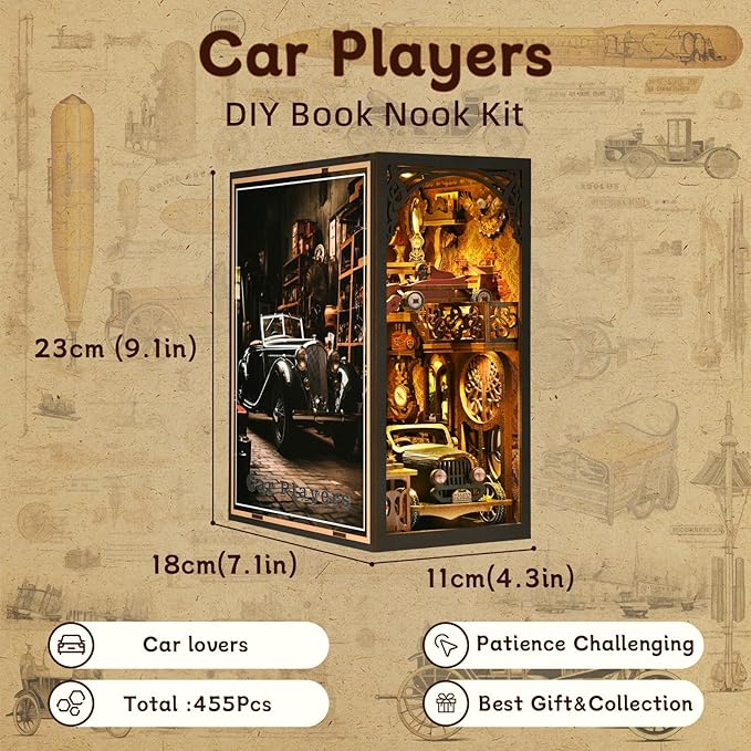3D wooden puzzle DIY book nook kit for car lovers featuring vintage cars and detailed craftsmanship.