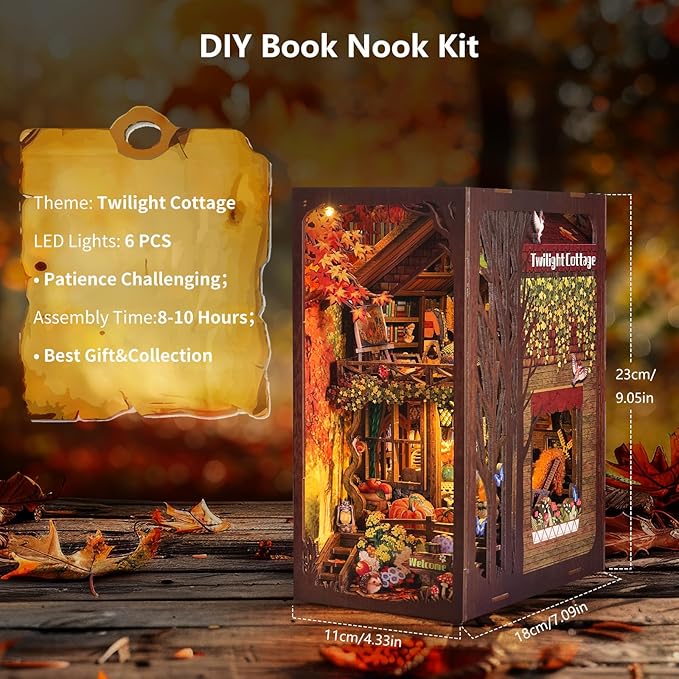 Twilight Cottage DIY Book Nook Kit with LED lights, detailed 3D wooden puzzle for creative home decor.
