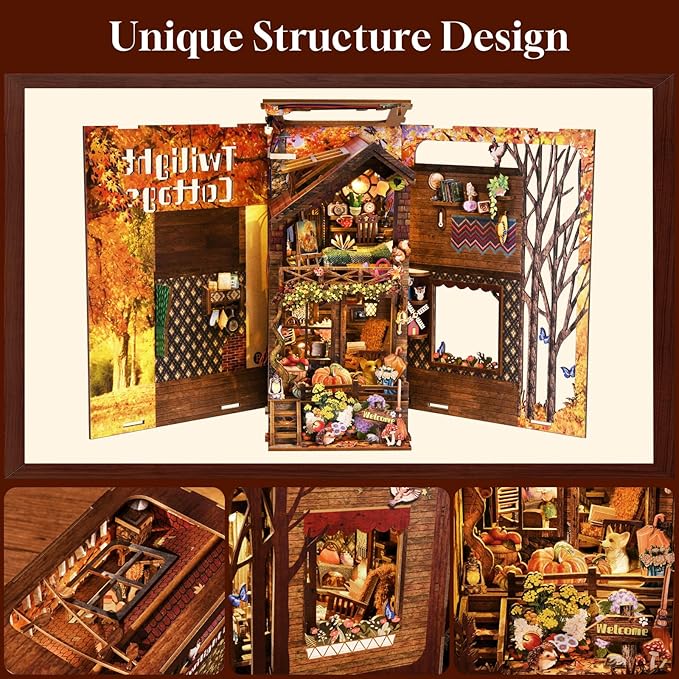 Twilight Cottage DIY Book Nook Kit showcasing unique structure design with autumn-themed decorations and cozy elements.