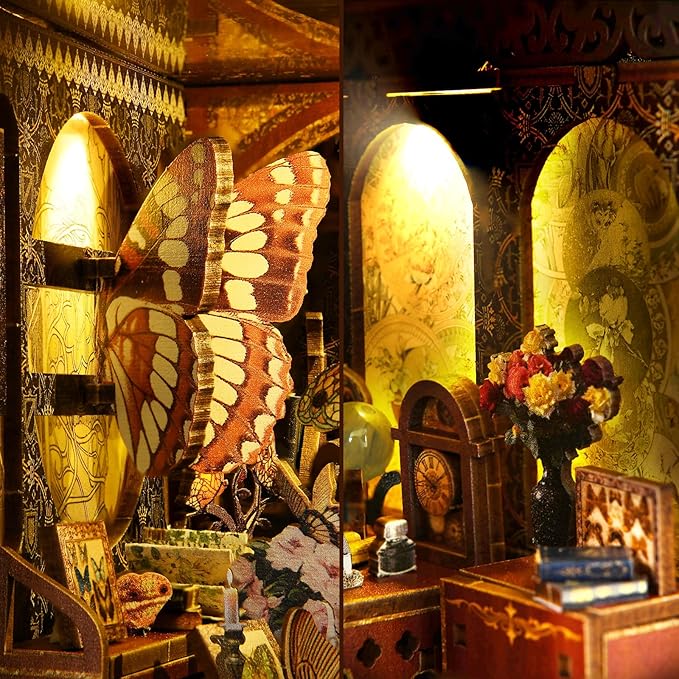 Detailed view of the Butterfly Collection Room book nook kit, featuring a Monarch butterfly and classic décor elements.