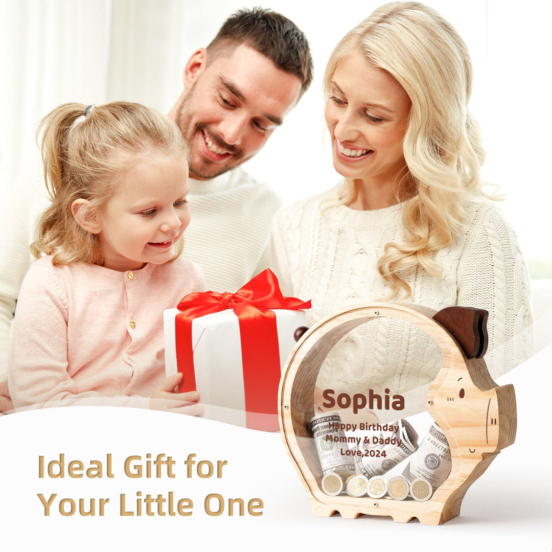 Family gifting a custom wooden piggy bank to a child, celebrating a birthday with love and joy.
