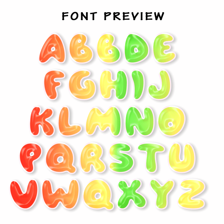 Colorful font preview showcasing alphabet letters A-Z in fun, vibrant styles.