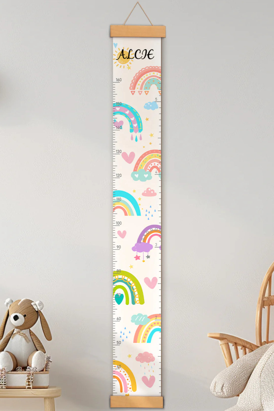 Règle de hauteur personnalisée en toile suspendue avec soleil et arc-en-ciel