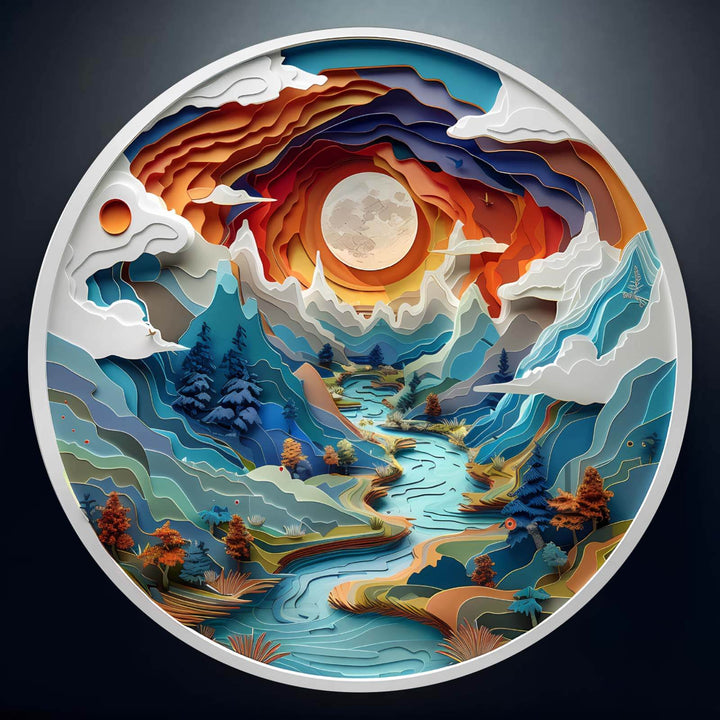 Colorful 3D paper art showing a river through mountains and trees under a moonlit sky, showcasing intricate layers.