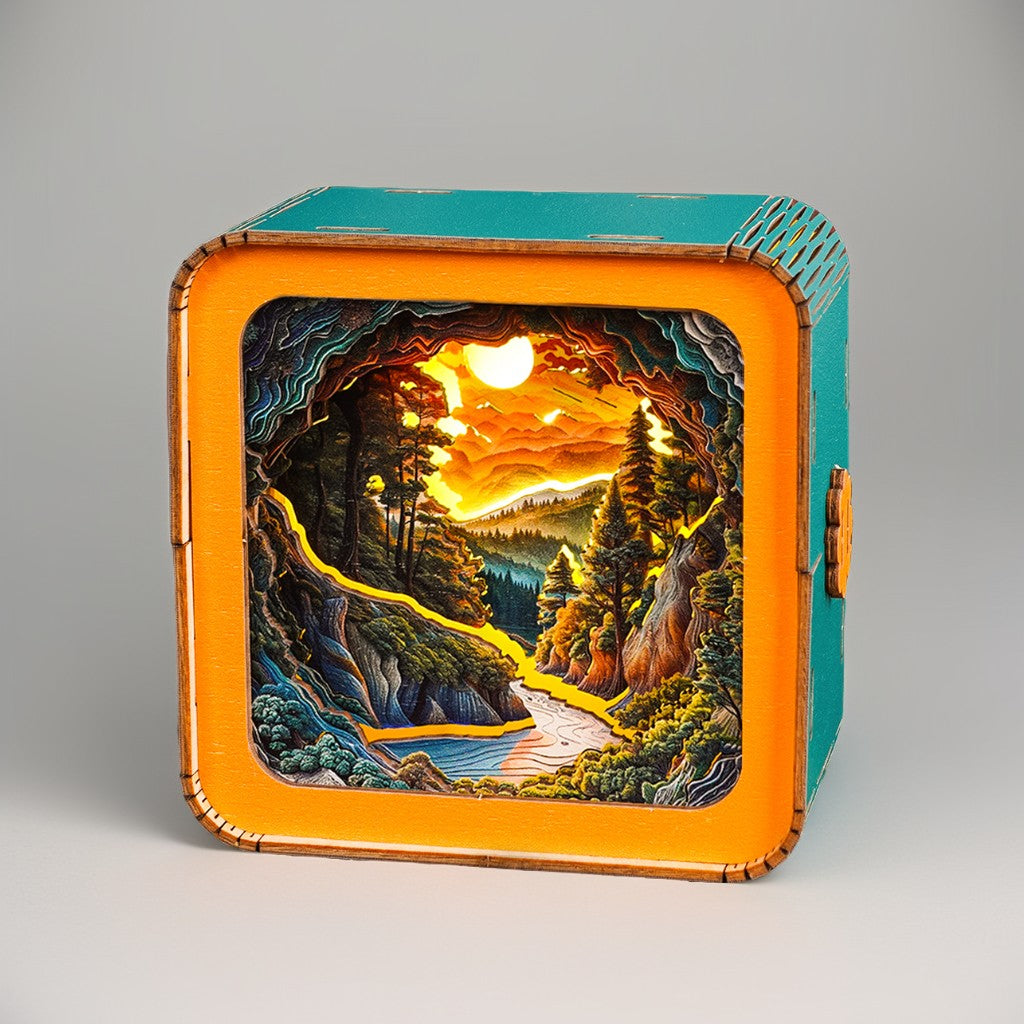 3D wooden puzzle night light showcasing a sunset wilderness path with a river and forest scene.