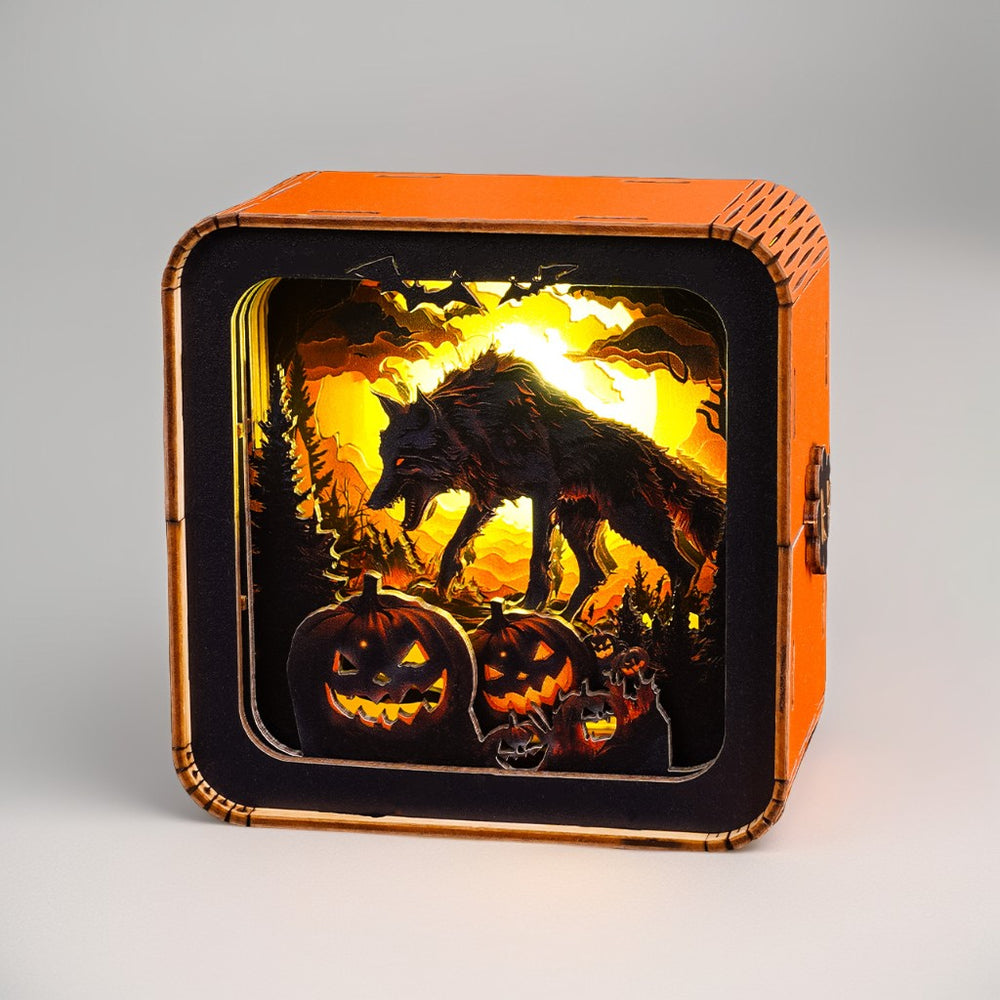 Halloween Wolf Kit 3D wooden puzzle night light featuring a wolf, pumpkins, and spooky scenery.