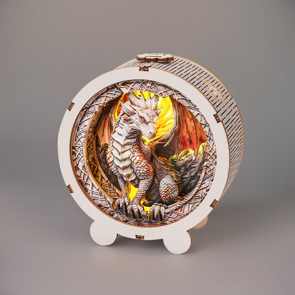 3D wooden puzzle night light featuring a detailed dragon design, illuminated from within, on a decorative wooden base.