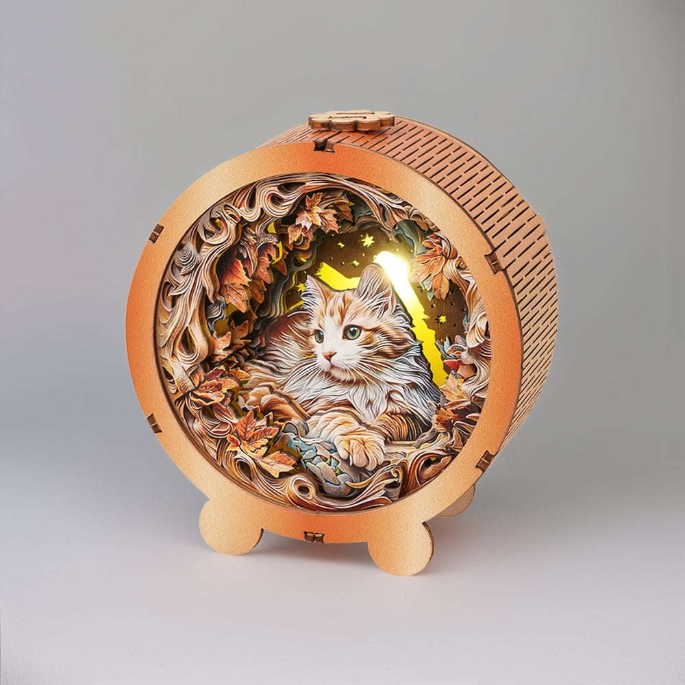 3D wooden puzzle night light featuring a mystical cat surrounded by autumn leaves, perfect for cozy decor.