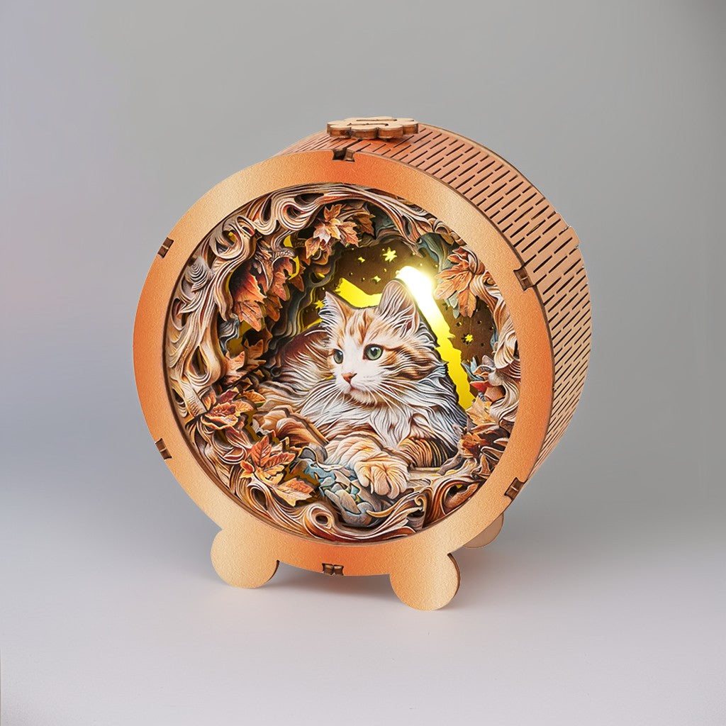 3D wooden puzzle night light featuring a mystical cat surrounded by autumn leaves, perfect for cozy decor.