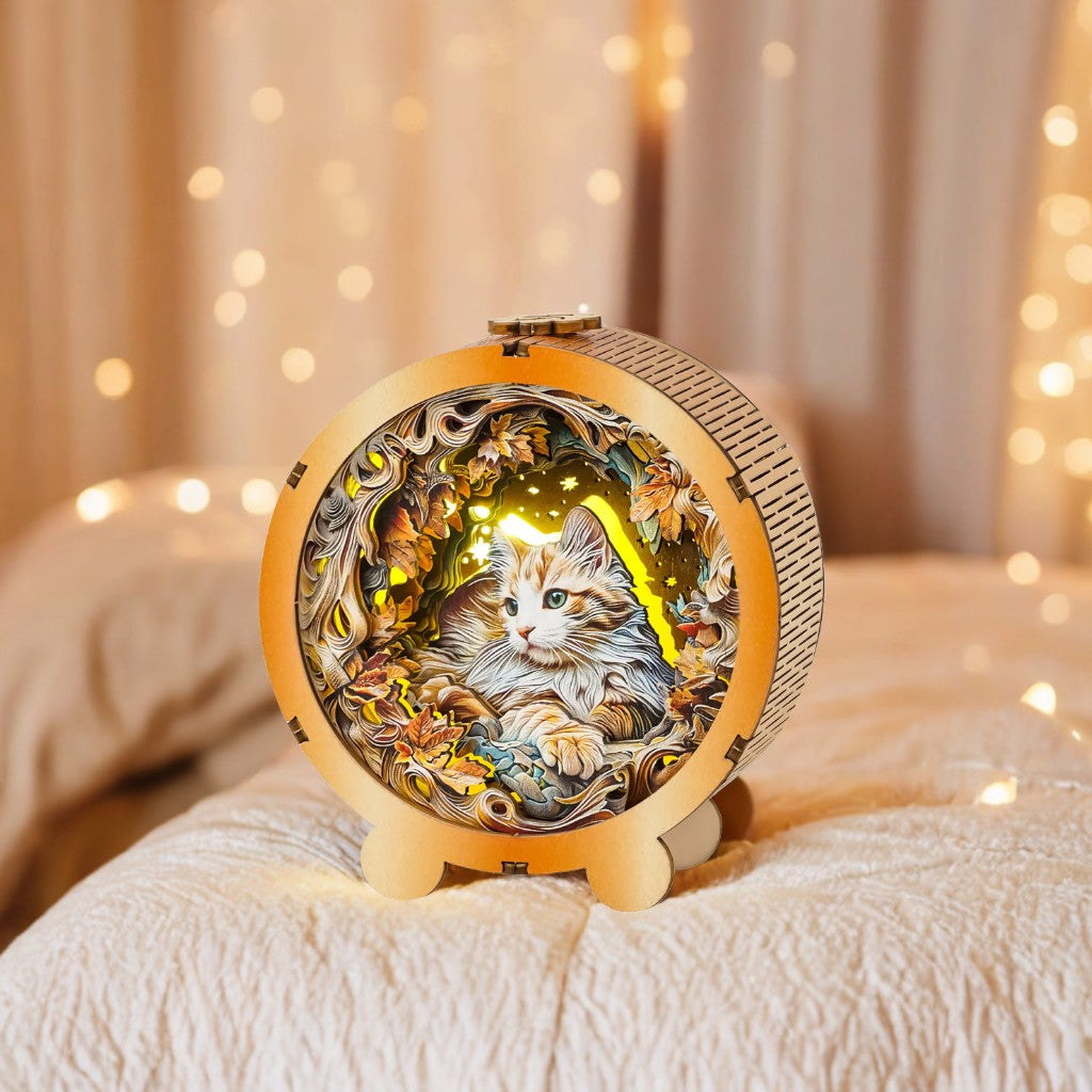 3D wooden puzzle night light featuring a mystical cat surrounded by intricate foliage.