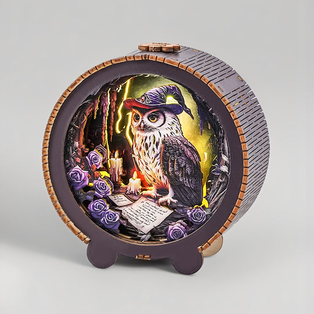 Owl Wizard Kit - 3D wooden puzzle night light featuring an owl in a wizard hat with candles and roses.