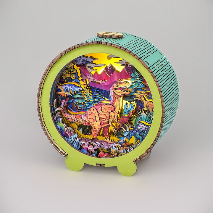 Colorful 3D wooden dinosaur puzzle night light depicting a T-Rex in a vibrant prehistoric landscape.