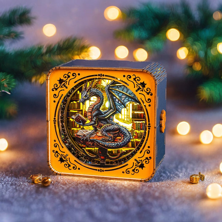 3D wooden puzzle night light featuring a dragon design with books, ideal for library decor and kids' rooms.