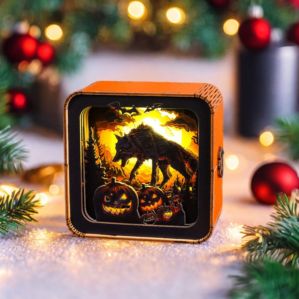 Halloween Wolf Kit 3D wooden puzzle night light featuring a wolf and pumpkins, perfect for the spooky season.