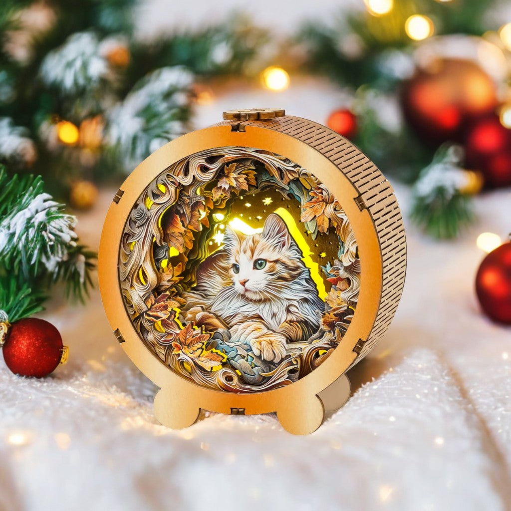 3D wooden puzzle night light featuring a mystical cat, surrounded by autumn leaves and a festive atmosphere.