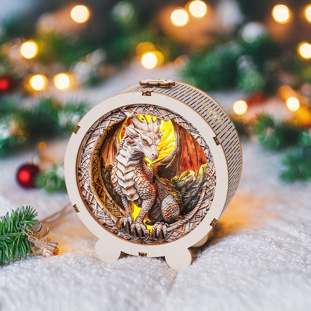 Ancient Dragon Kit 3D wooden puzzle night light featuring a detailed dragon design with warm glowing background.