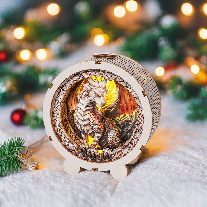 Ancient Dragon Kit 3D wooden puzzle night light featuring a detailed dragon design with warm glowing background.