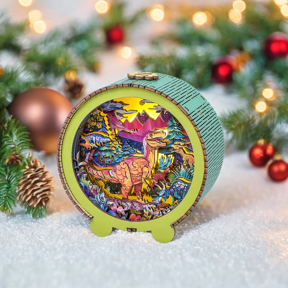 3D wooden puzzle night light featuring a colorful dinosaur scene, surrounded by festive holiday decorations.
