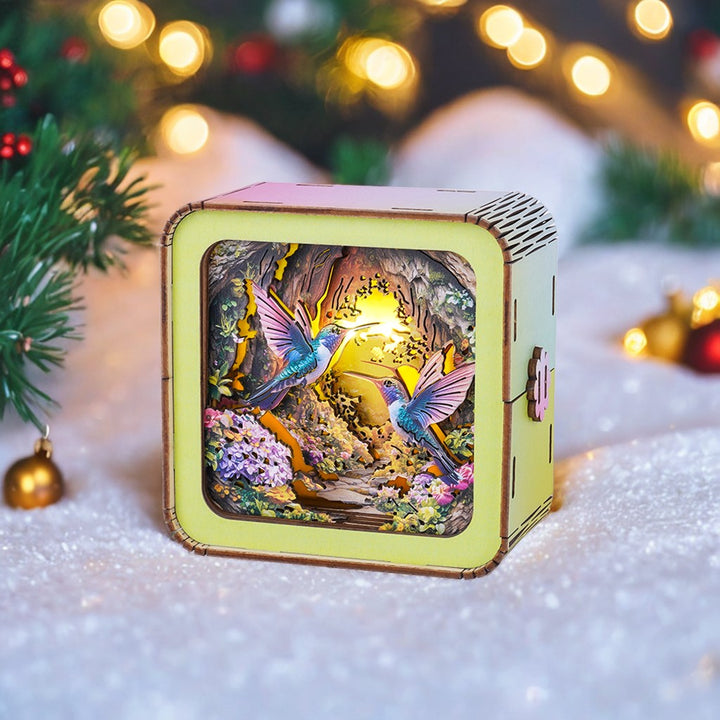3D wooden puzzle night light featuring colorful hummingbirds and flowers, ideal for home decor and ambiance.
