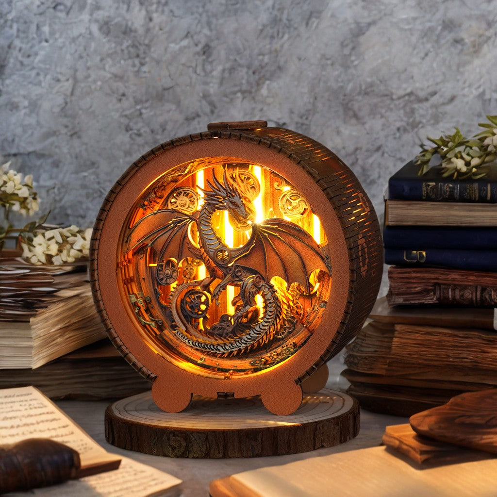 Mechanical Dragon Kit 3D wooden puzzle night light with intricate dragon design and warm glowing illumination.