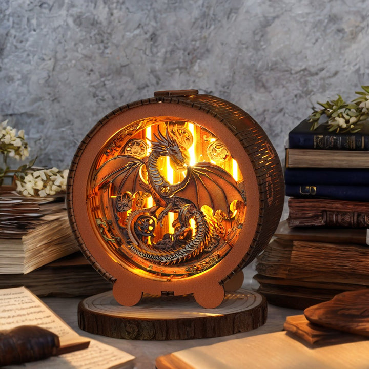 Mechanical Dragon Kit 3D wooden puzzle night light with intricate dragon design and warm glowing illumination.