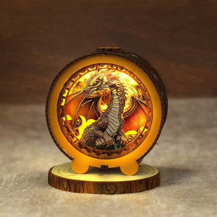 Steampunk wooden dragon night light, intricately designed with vibrant colors and warm glow, perfect for home decor.