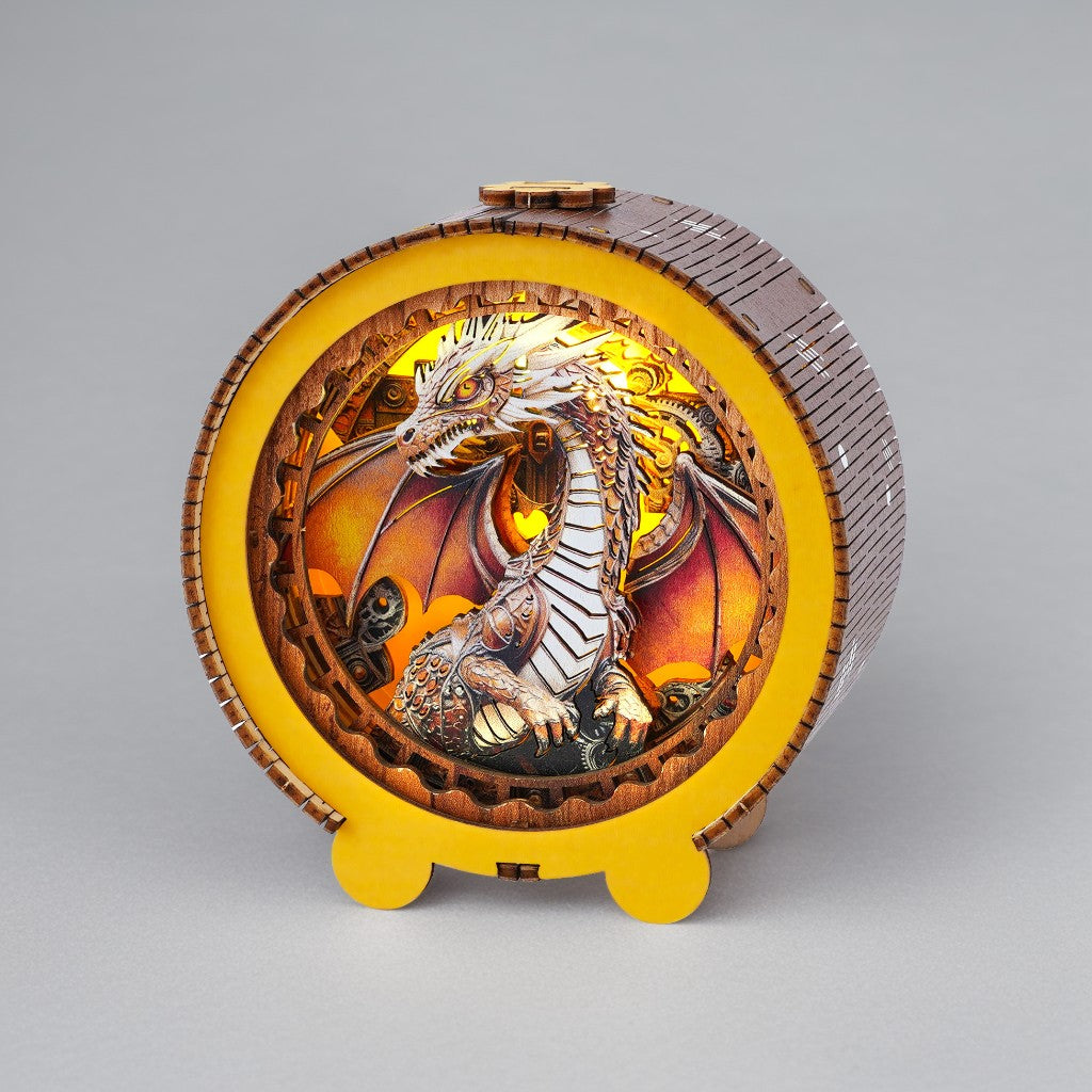 Steampunk dragon 3D wooden puzzle night light with intricate designs and warm illumination.