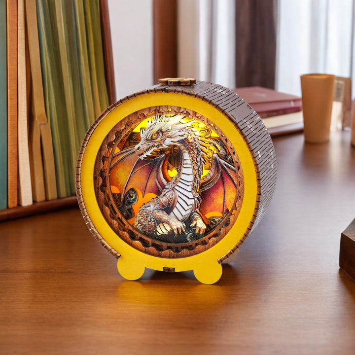 Steampunk dragon 3D wooden puzzle night light, intricately designed, glowing warmly on a desk surrounded by books.