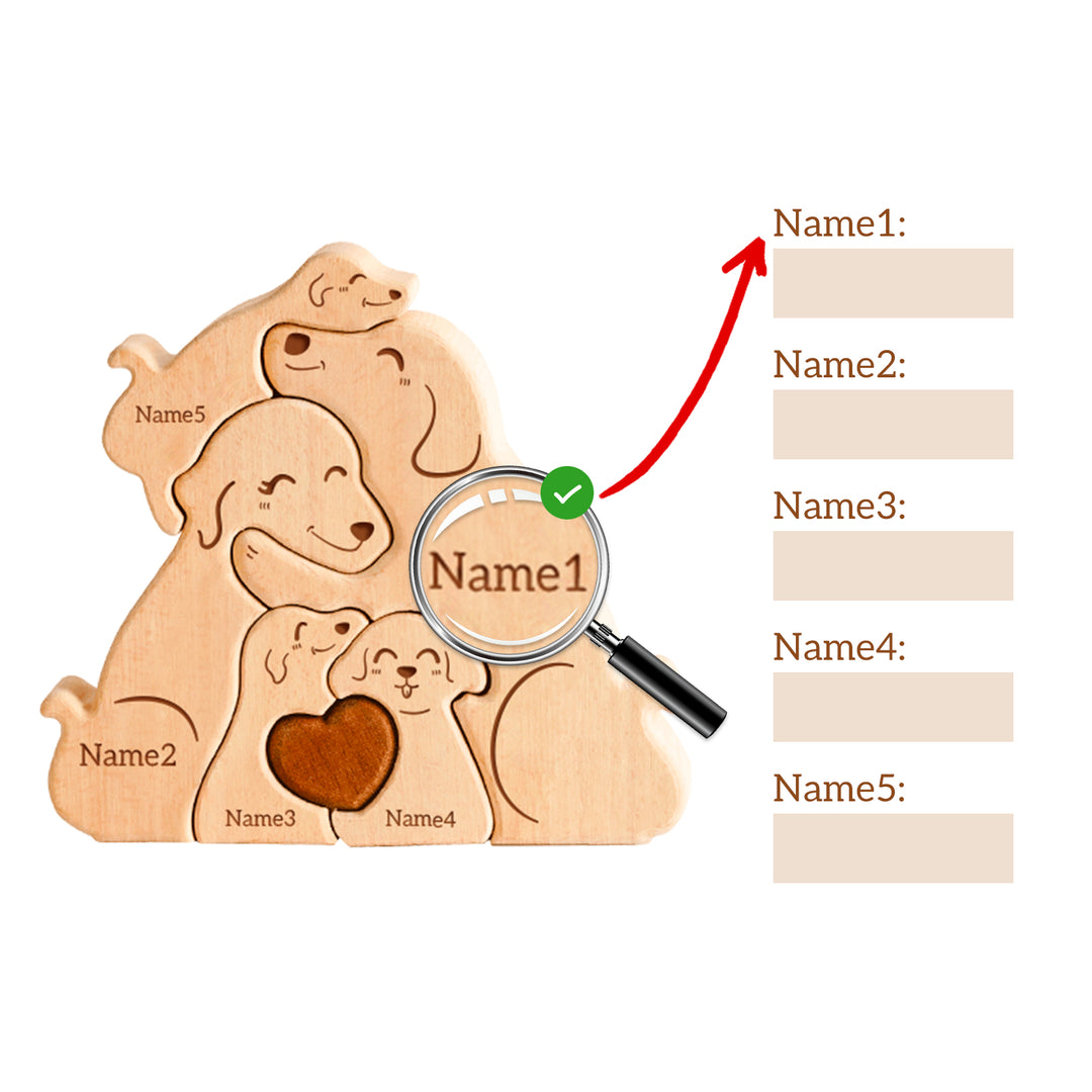 Customized wooden dog family name puzzle featuring personalized name slots and heart design.
