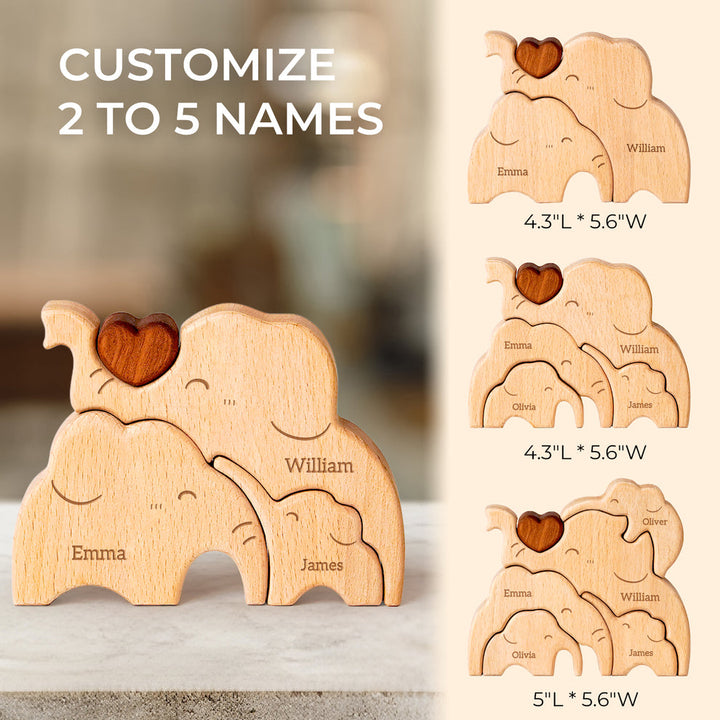 Customized wooden elephant family name puzzle featuring up to 5 names, perfect for family decor and gifts.