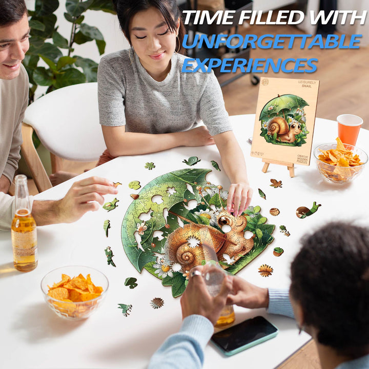 Group enjoying Leisurely Snail wooden jigsaw puzzle, enhancing focus and creativity during fun activity.