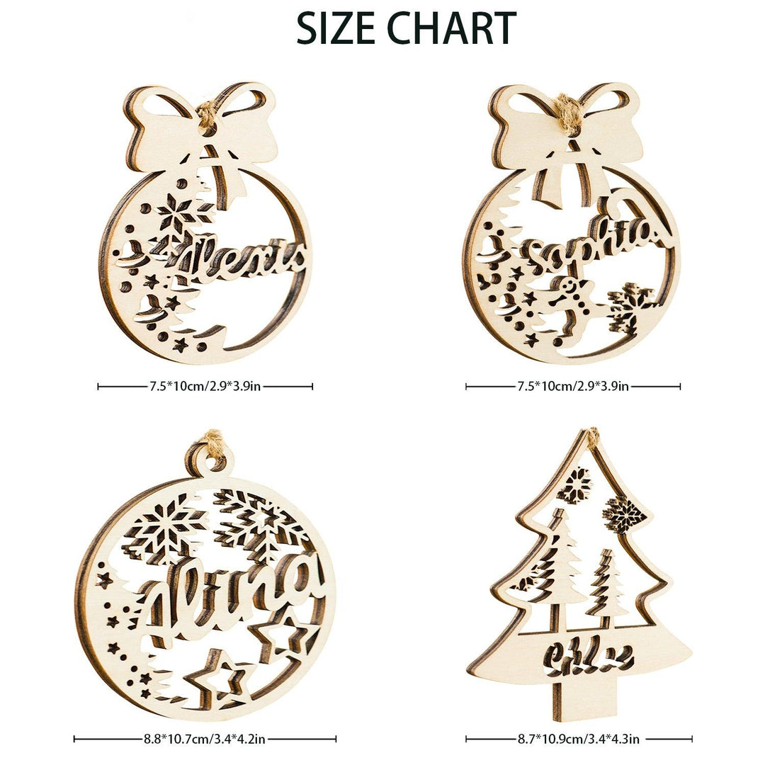 Size chart for personalized wooden Christmas name ornaments featuring various designs and dimensions.