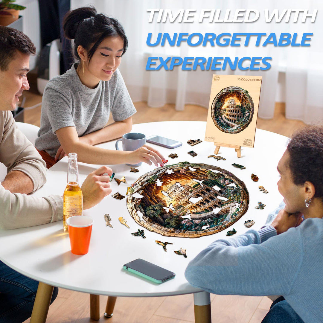 Group enjoying the 3D Colosseum Wooden Jigsaw Puzzle, fostering memorable experiences and focus.