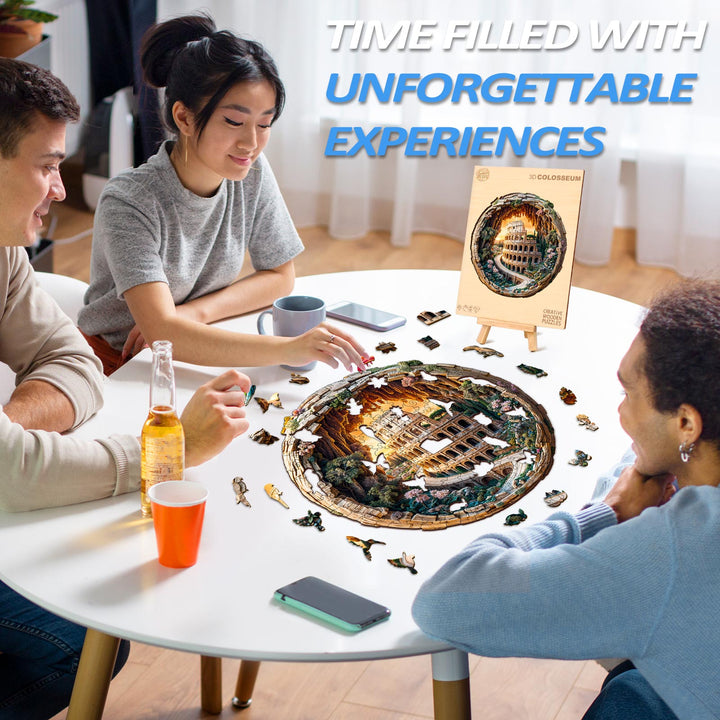 Group enjoying the 3D Colosseum Wooden Jigsaw Puzzle, fostering memorable experiences and focus.